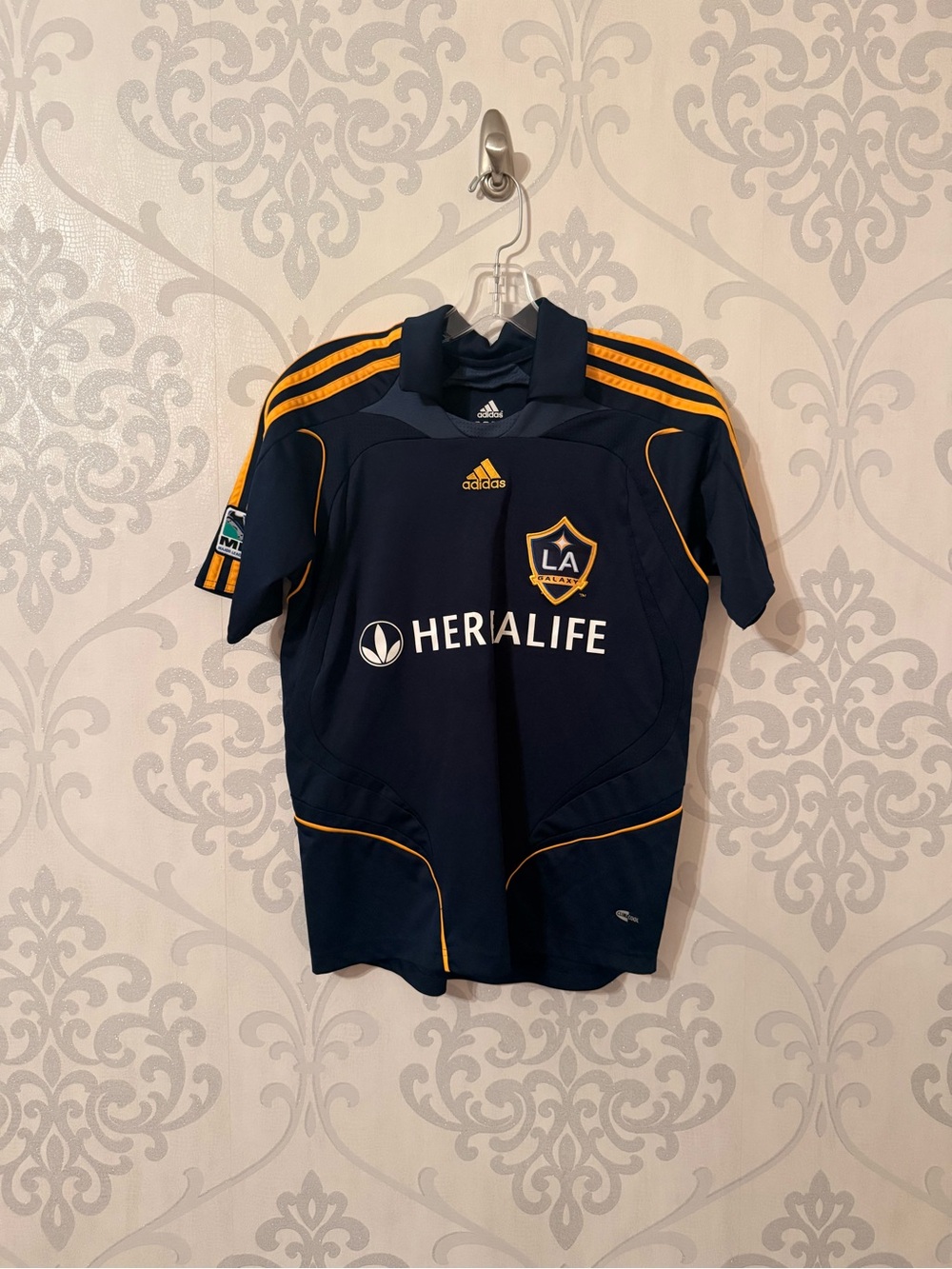 adidas LA Galaxy Youth Short Sleeve David Beckham Jersey - Navy with Gold Trim